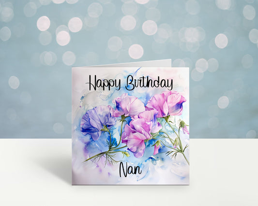 Nan Birthday Card, Personalised Mum Birthday Card For Her, Sweetpea Birthday Card, Card For Nanny, Card For Grandma, Card For Nan