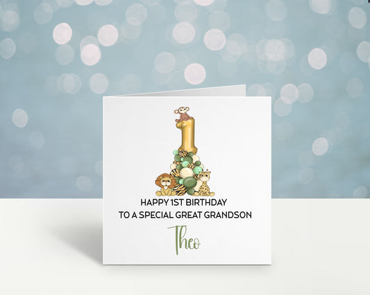 Personalised First Birthday Card, Personalised 1st 2nd 3rd Birthday Card, Great Grandson Card. Son, Safari Baby Animal Balloon Card