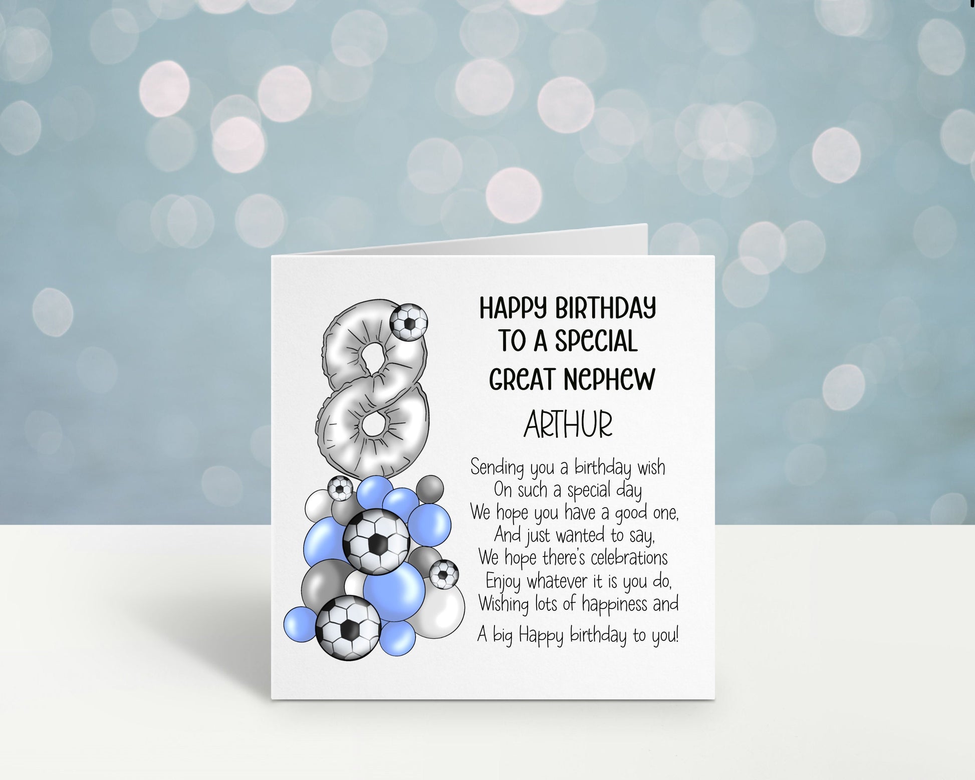 Football Birthday Card, Personalised 4th 5th 6th 7th 8th 9th 10th Birthday Card, Great Grandson Card. Son, Great Nephew, Granddaughter