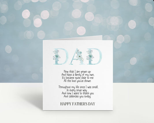Fathers Day Card, Personalised Fathers Day Card For Dad, Father's Day Card With Poem/Verse