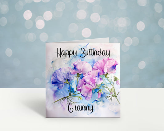 Granny Birthday Card, Personalised Mum Birthday Card For Her, Sweetpea Birthday Card, Card For Nanny, Card For Grandma, Card For Nanna