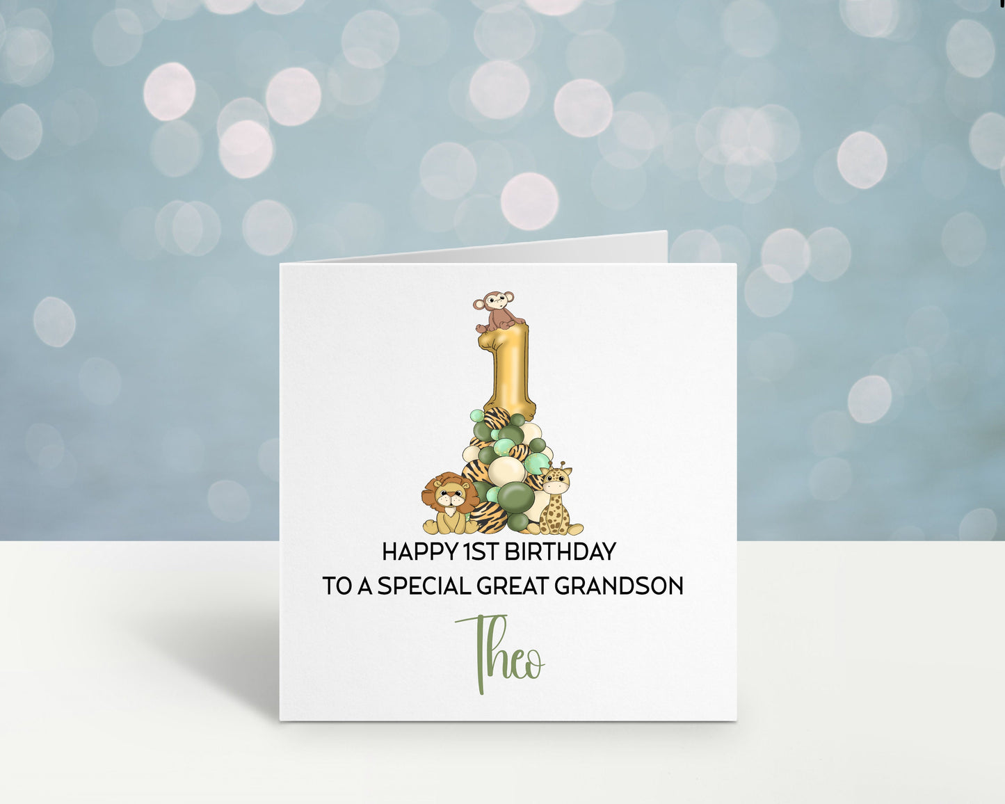 Personalised First Birthday Card, Personalised 1st 2nd 3rd Birthday Card, Great Grandson Card. Son, Safari Baby Animal Balloon Card