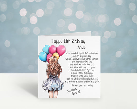 13th Birthday Card, Personalised 13th Birthday Card Great Granddaughter Officially A Teenager Card Daughter 13th Birthday Card Birthday Girl