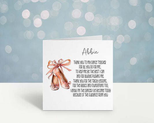 Dance Teacher Card, Thank You Teacher Card, Card For Dance Teacher, Teacher Gift, Personalised Teacher Card