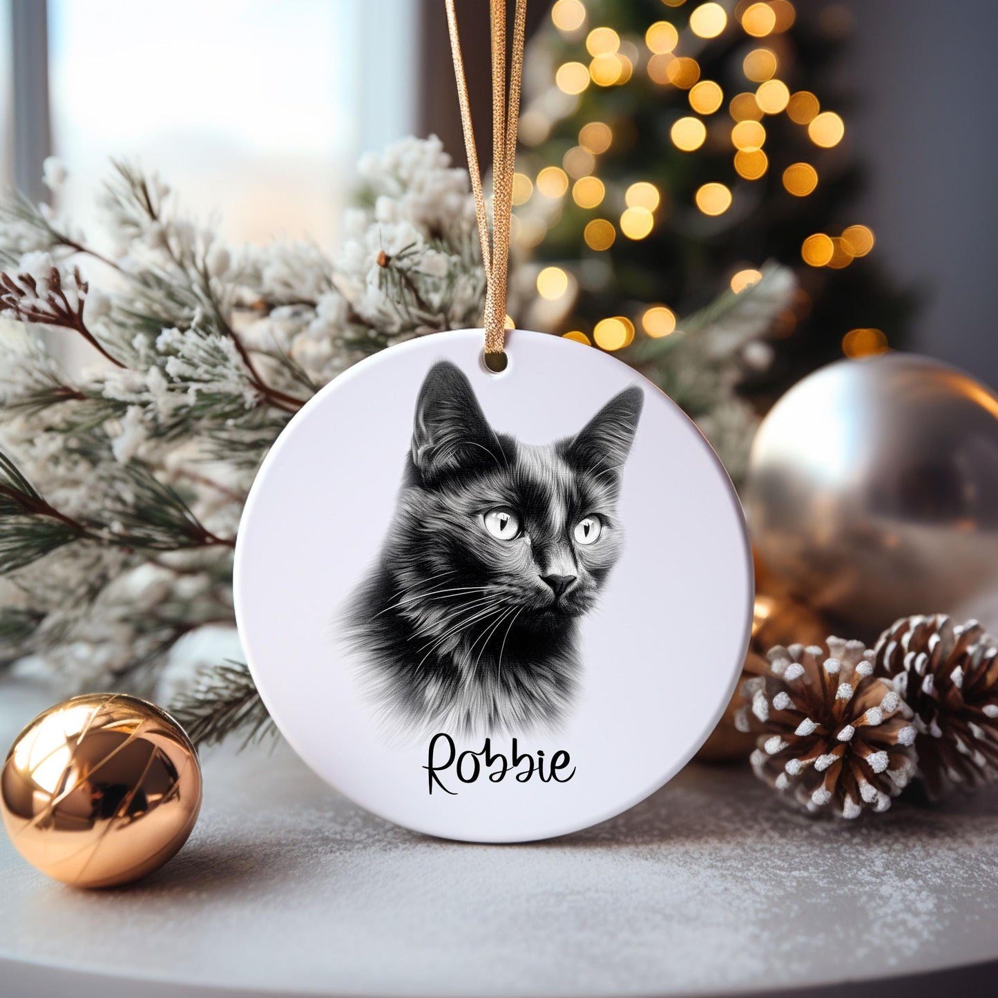 Personalised Cat Bauble, Personalised Cat Christmas Tree Decoration, Black Cat Christmas Tree Bauble