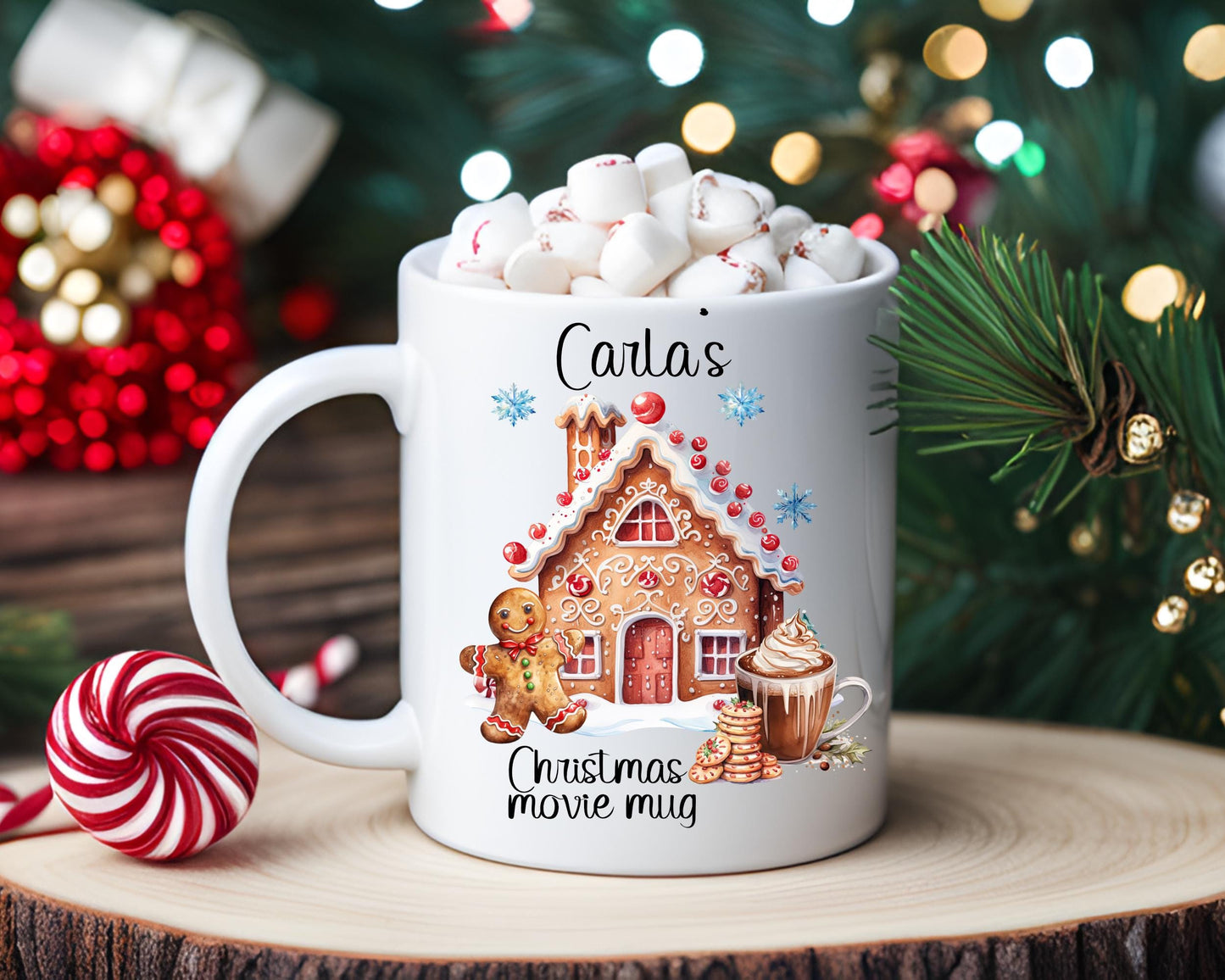 Christmas Movie Mug, Personalised Mug For Christmas, Gingerbread House And Ginger Bread Man Christmas Movie Mug, Hot Chocolate Mug