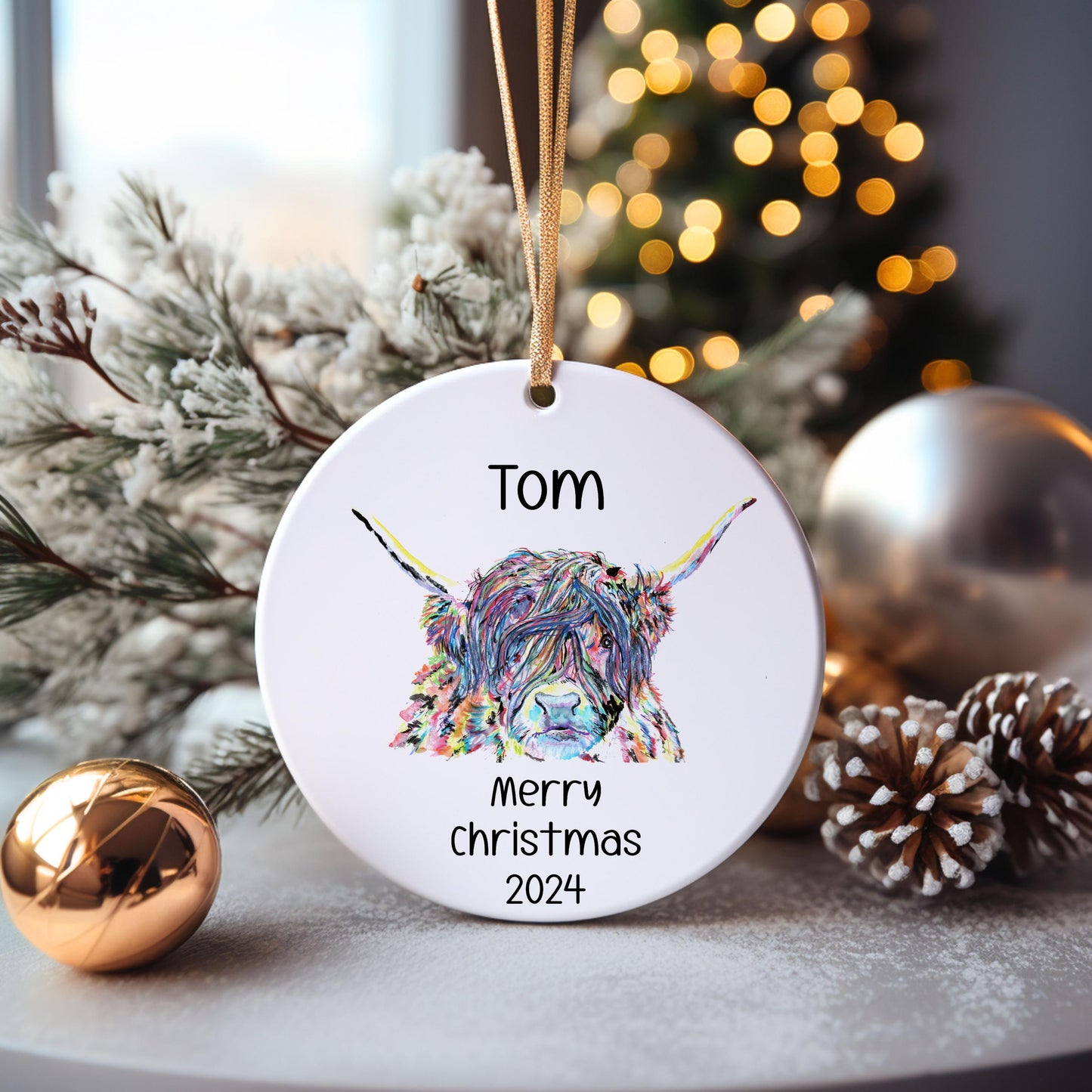 Personalised Highland Cow Bauble, Cow Christmas Bauble, Christmas Tree Decoration For Grandchild, Christmas Decorations, Christmas Gift