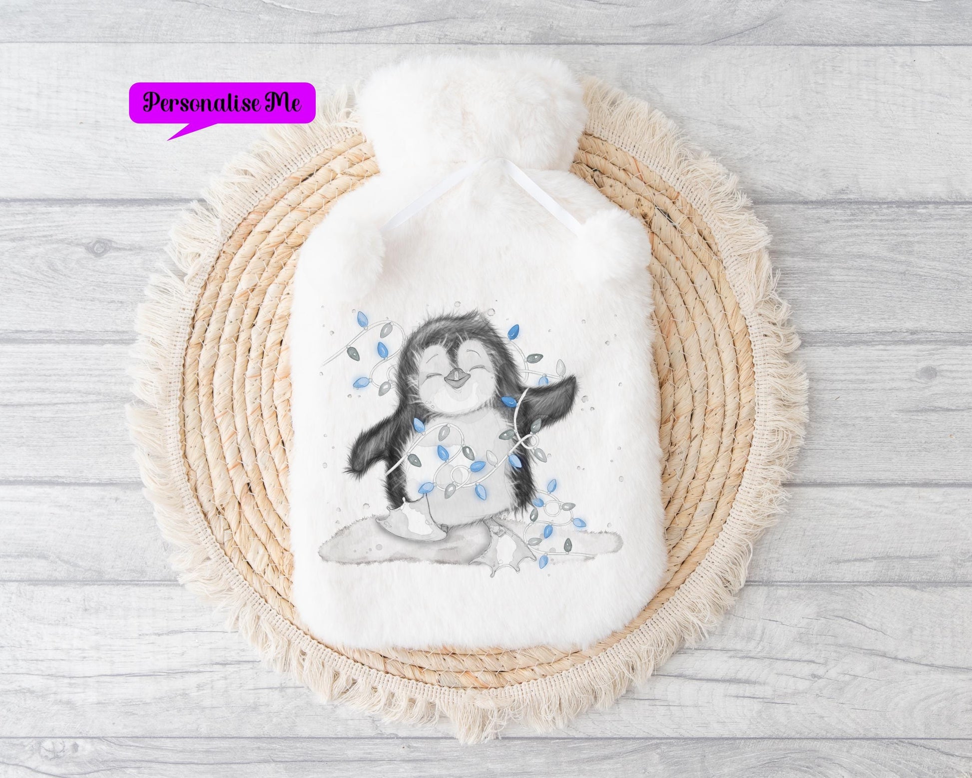 Personalised Hot Water Bottle, Penguin Design Hot Water Bottle, Christmas Gift, Gift For Grandson, Gift For Granddaughter