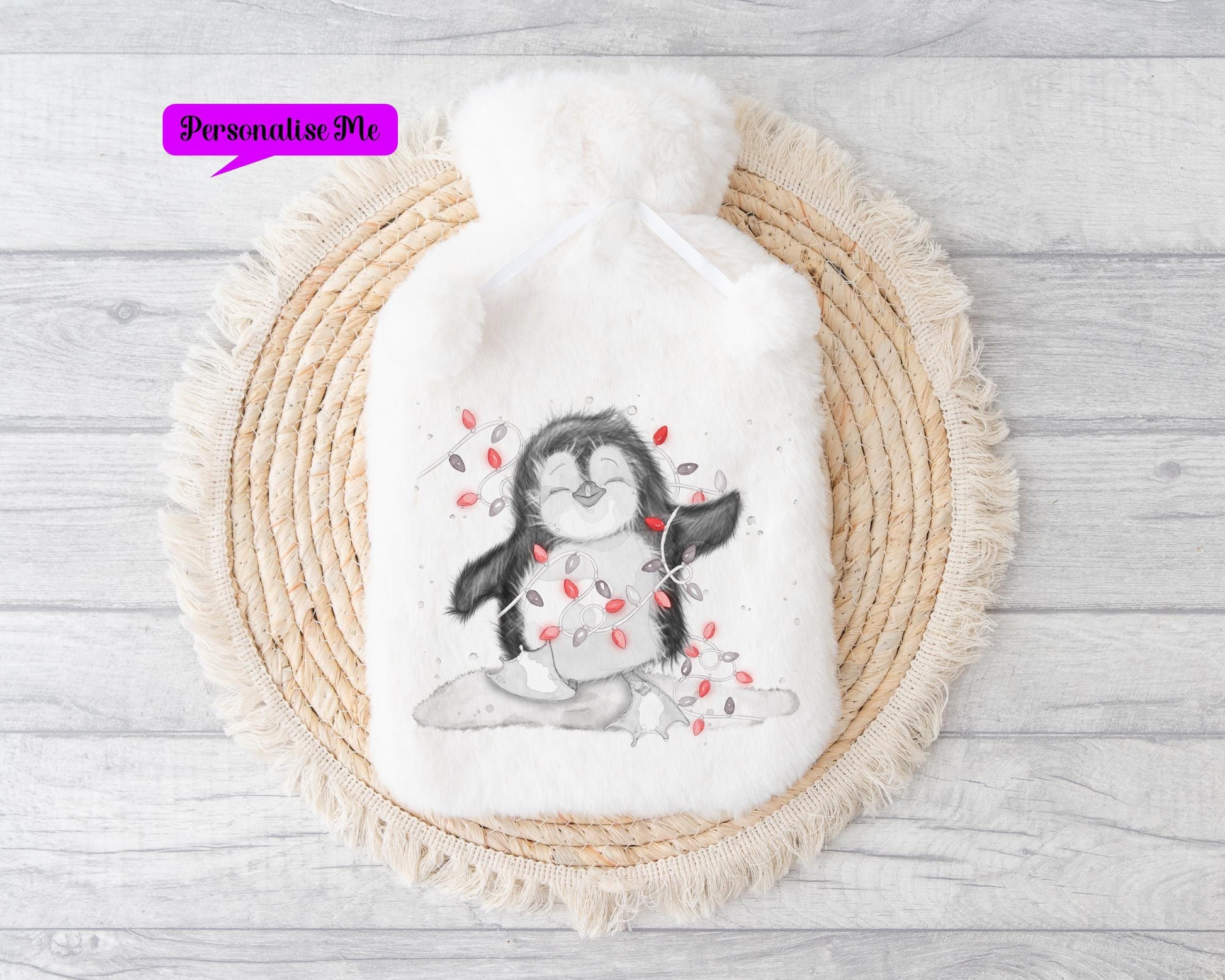 Personalised Hot Water Bottle, Penguin Design Hot Water Bottle, Christmas Gift, Gift For Grandson, Gift For Granddaughter