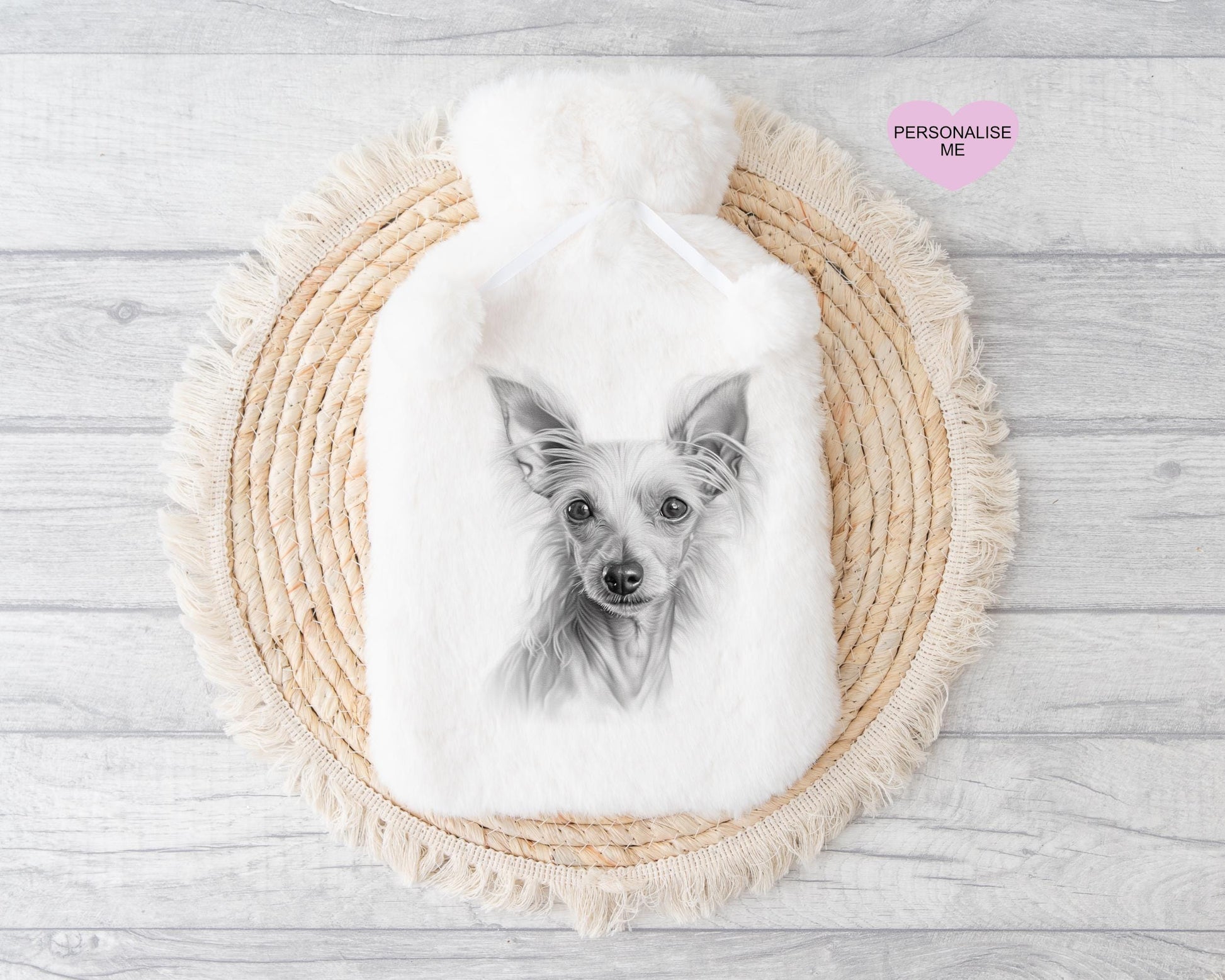 Chinese Crested Hairless Dog Gift, Personalised Hot Water Bottle, Dog Xmas Gift, Xmas Gift For Dog Lover