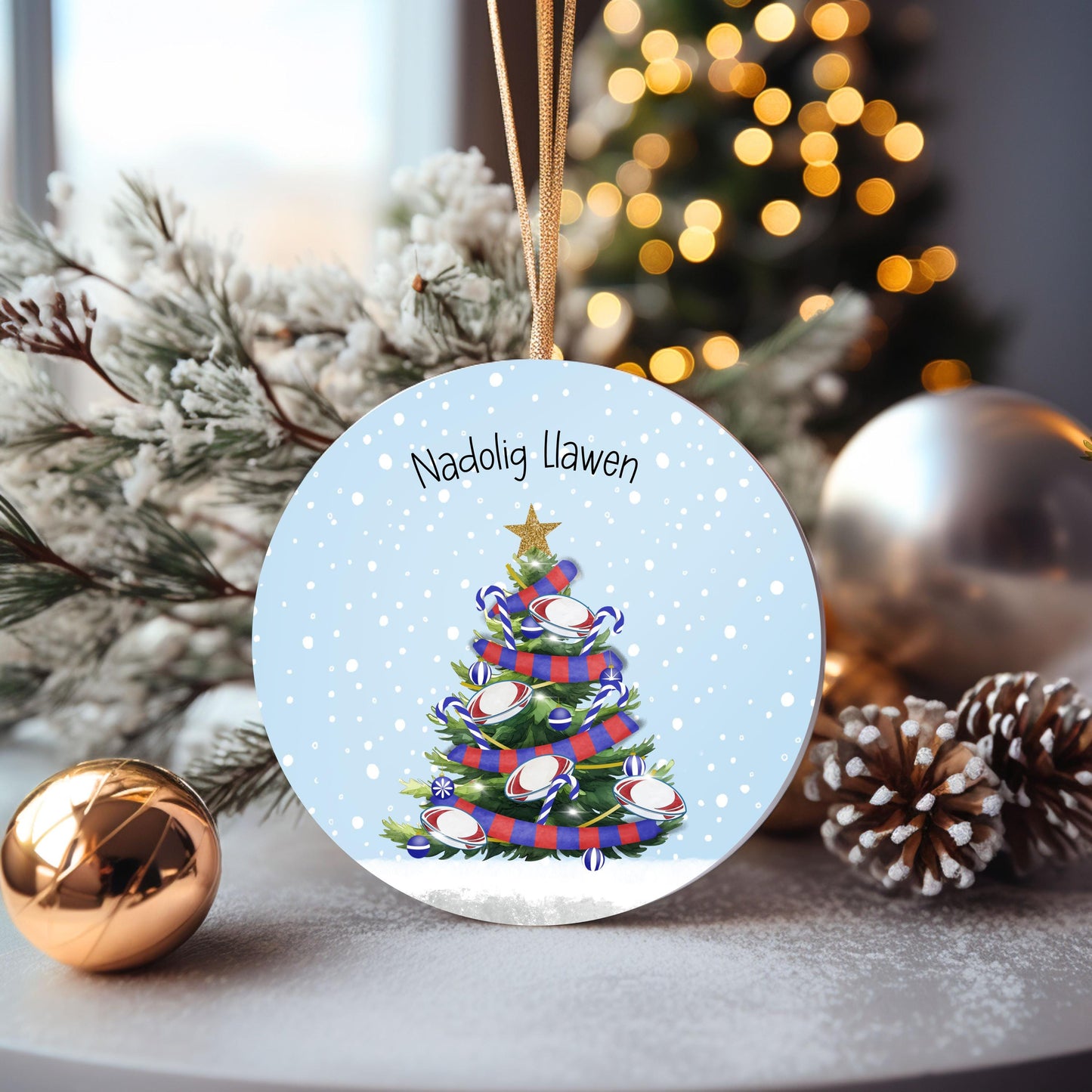 Welsh Rugby Christmas Tree Decoration, Nadolig Llawen Personalised Rugby Christmas Tree Bauble, Sports Christmas Decoration