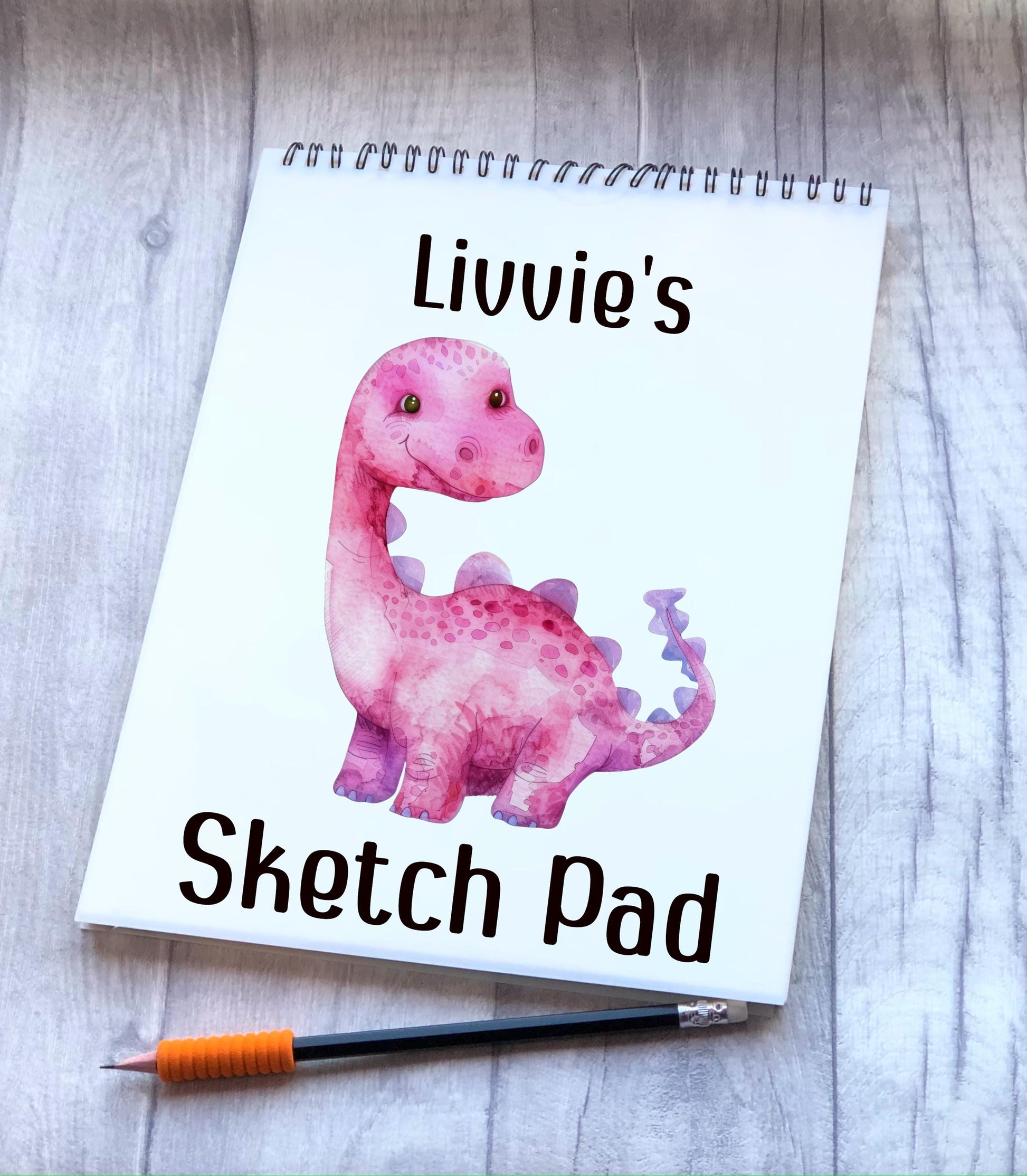 Pink Dino Design Sketch Pad, Personalised Dinosaur Sketch Pad, Granddaughter Gift, Stocking Filler, Kids Drawing Book, Grandson Gift
