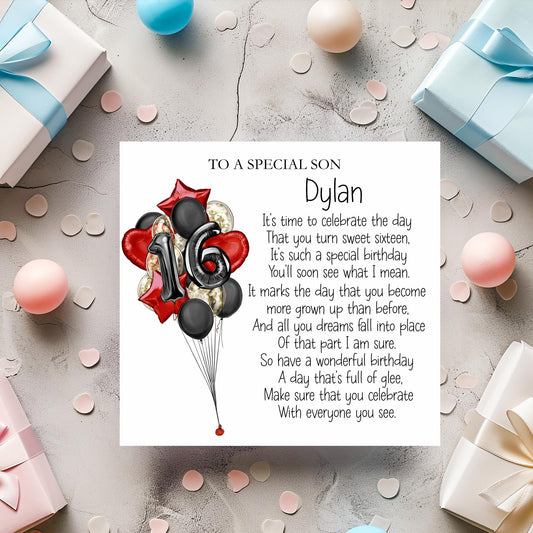 Son 16th Birthday Card, Sweet Sixteen Birthday Poem Card, Card For Son, Great Nephew, Personalised Birthday Card