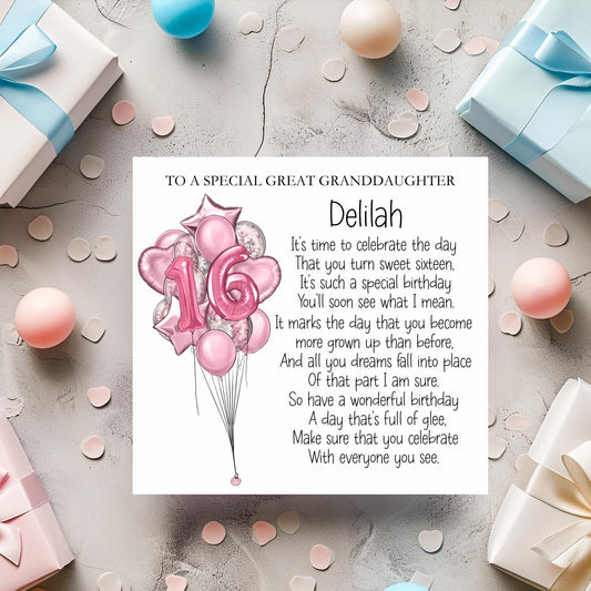 Great Granddaughter 16th Birthday Card, Sweet Sixteen Birthday Poem Card, Card For Daughter, Great Niece, Personalised Birthday Card