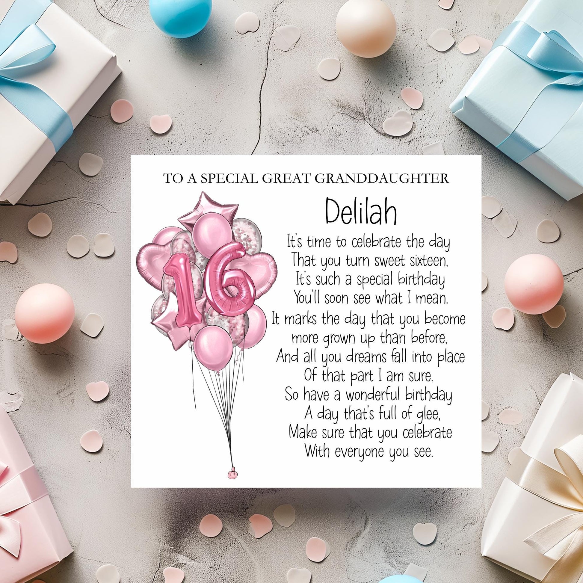 Great Granddaughter 16th Birthday Card, Sweet Sixteen Birthday Poem Card, Card For Daughter, Great Niece, Personalised Birthday Card