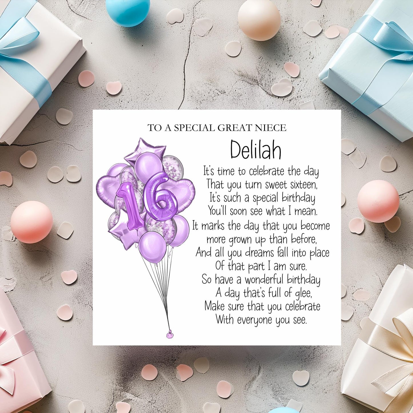 Great Niece 16th Birthday Card, Sweet Sixteen Birthday Poem Card, Card For Daughter, Great Niece, Personalised Birthday Card
