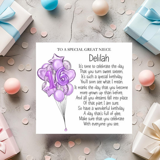 Great Niece 16th Birthday Card, Sweet Sixteen Birthday Poem Card, Card For Daughter, Great Niece, Personalised Birthday Card
