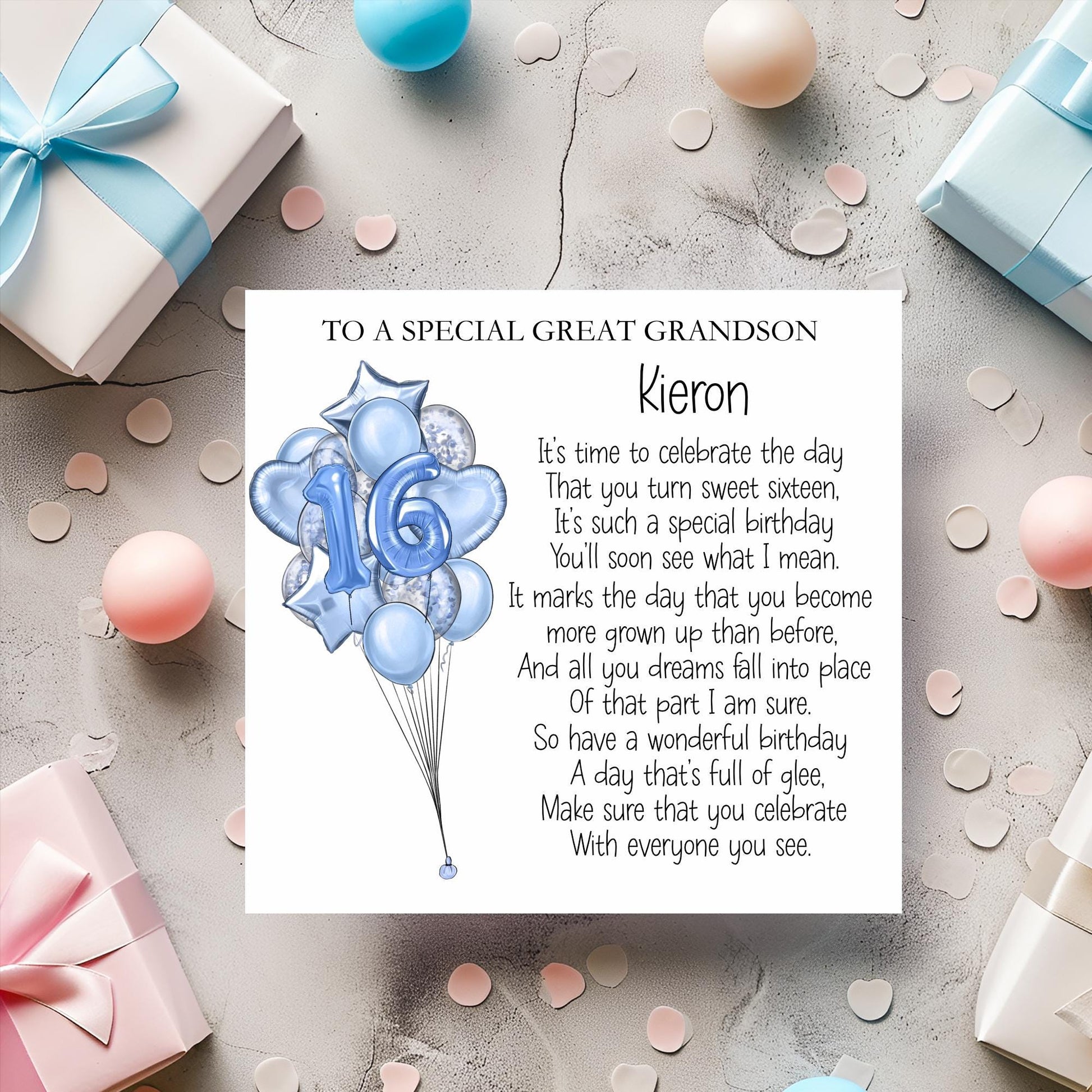 Great Grandson 16th Birthday Card, Sweet Sixteen Birthday Poem Card, Card For Son, Great Nephew