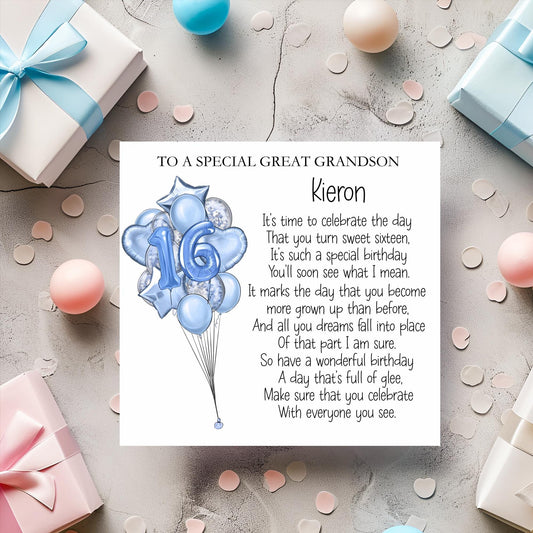 Great Grandson 16th Birthday Card, Sweet Sixteen Birthday Poem Card, Card For Son, Great Nephew