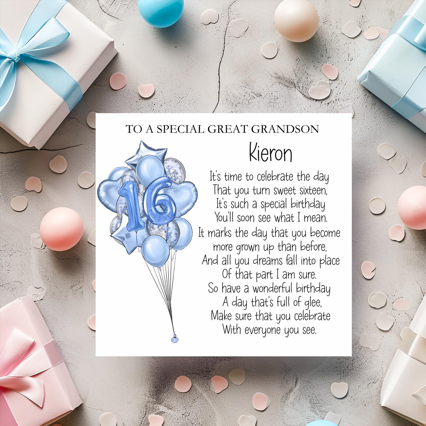 Great Grandson 16th Birthday Card, Sweet Sixteen Birthday Poem Card, Card For Son, Great Nephew
