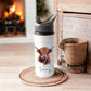 Highland Cow Water Bottle, Drinks Bottle With Highland Cow Design. Water Bottle With Straw