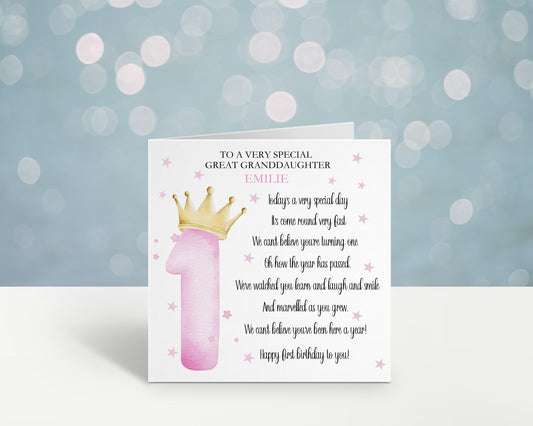 Great Granddaughter Personalised First Birthday Card, For A Special Little Girl, Great Niece 1st Birthday Poem