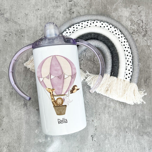 Personalised Hot Air Balloon With Safari Animals Sippy Cup, Safari Animal Gifts, Kids Beaker, Sippy Cup With Handles, Tumbler
