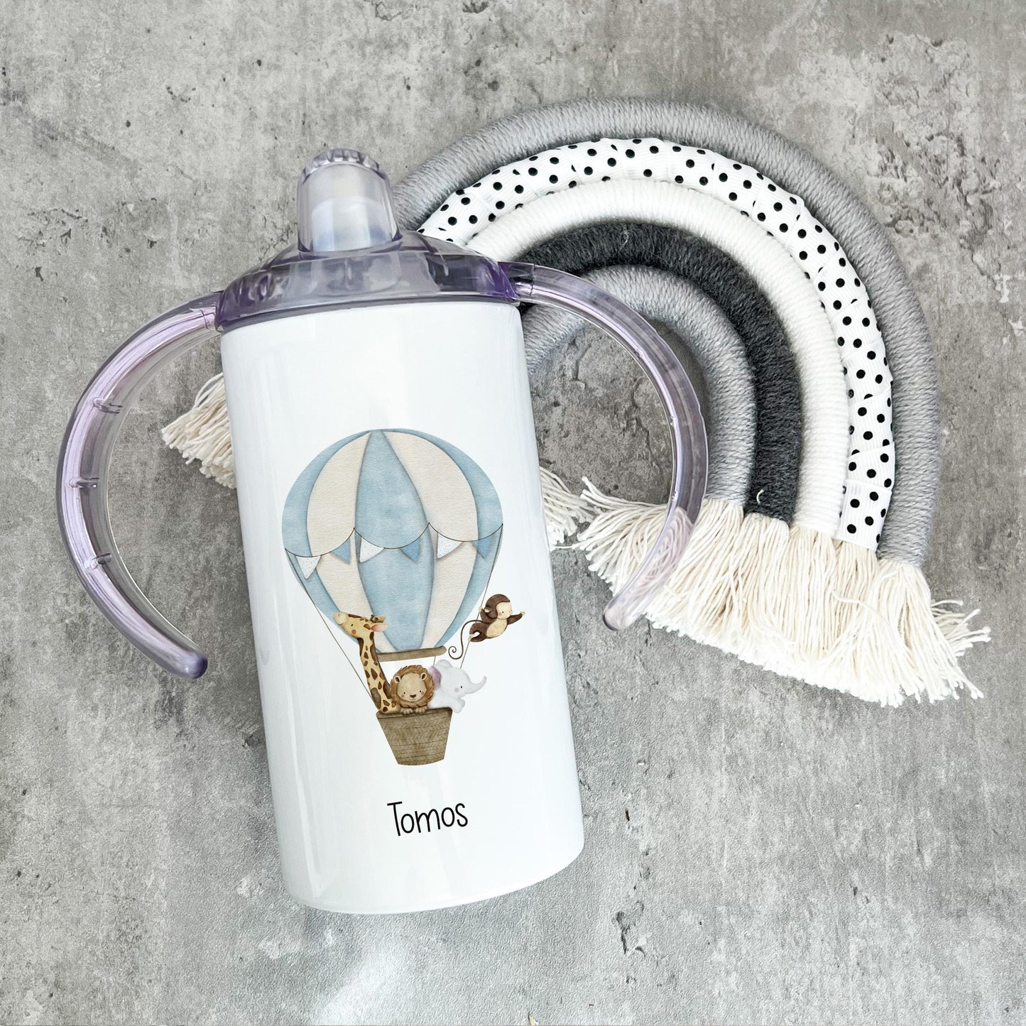 Personalised Hot Air Balloon With Safari Animals Sippy Cup, Safari Animal Gifts, Kids Beaker, Sippy Cup With Handles, Tumbler