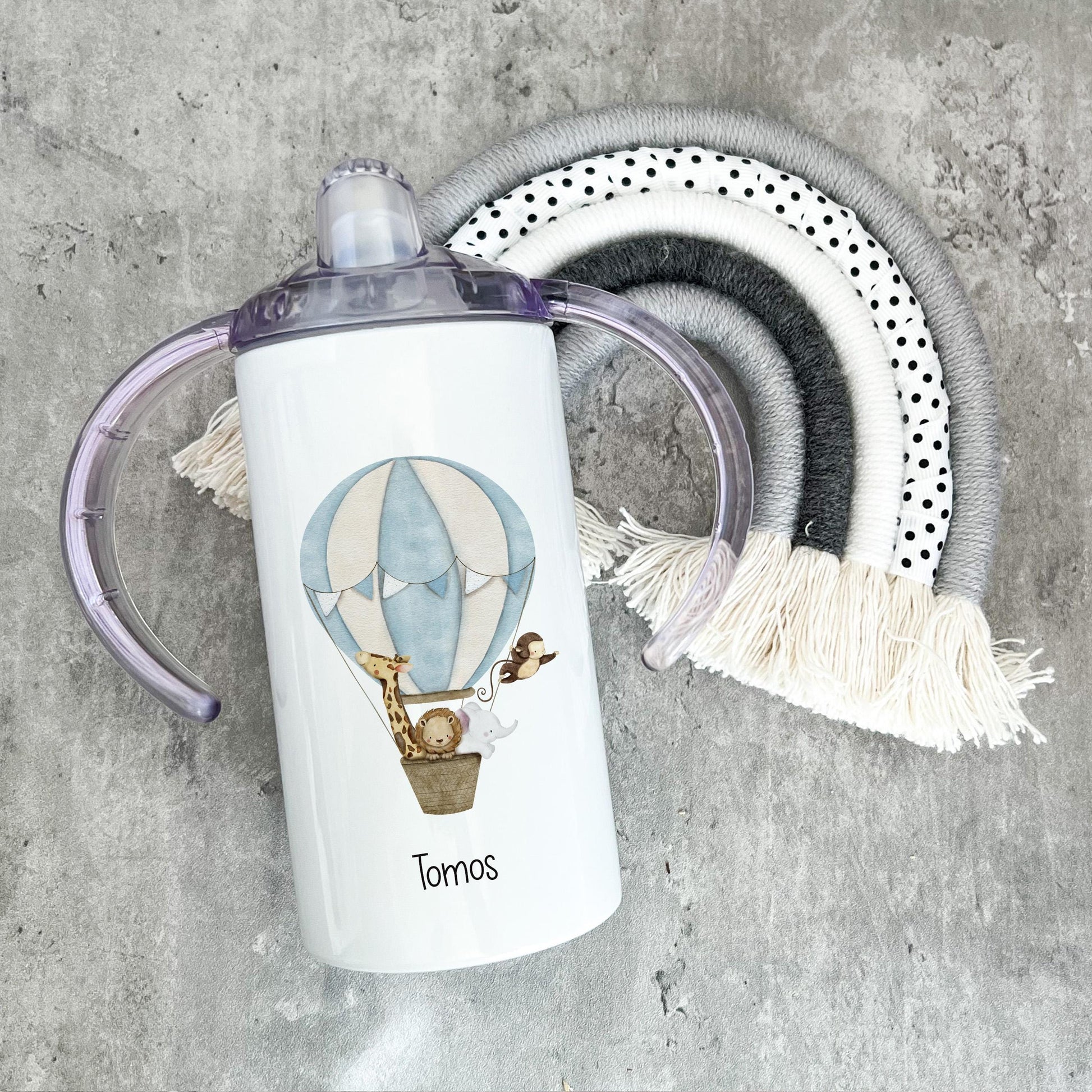 Personalised Hot Air Balloon With Safari Animals Sippy Cup, Safari Animal Gifts, Kids Beaker, Sippy Cup With Handles, Tumbler