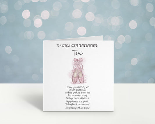 Great Granddaughter Ballet Card Personalised Ballet Shoes Birthday Card For Great Niece Or For A Special Little Girl Birthday Card With Poem