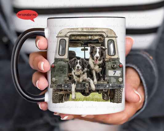 Personalised Border Collie Land Rover Mug Gift, Border Collie, Cocker Spaniel, Rottweiler, Black Labrador, Border Terrier, Doberman, Red Lab