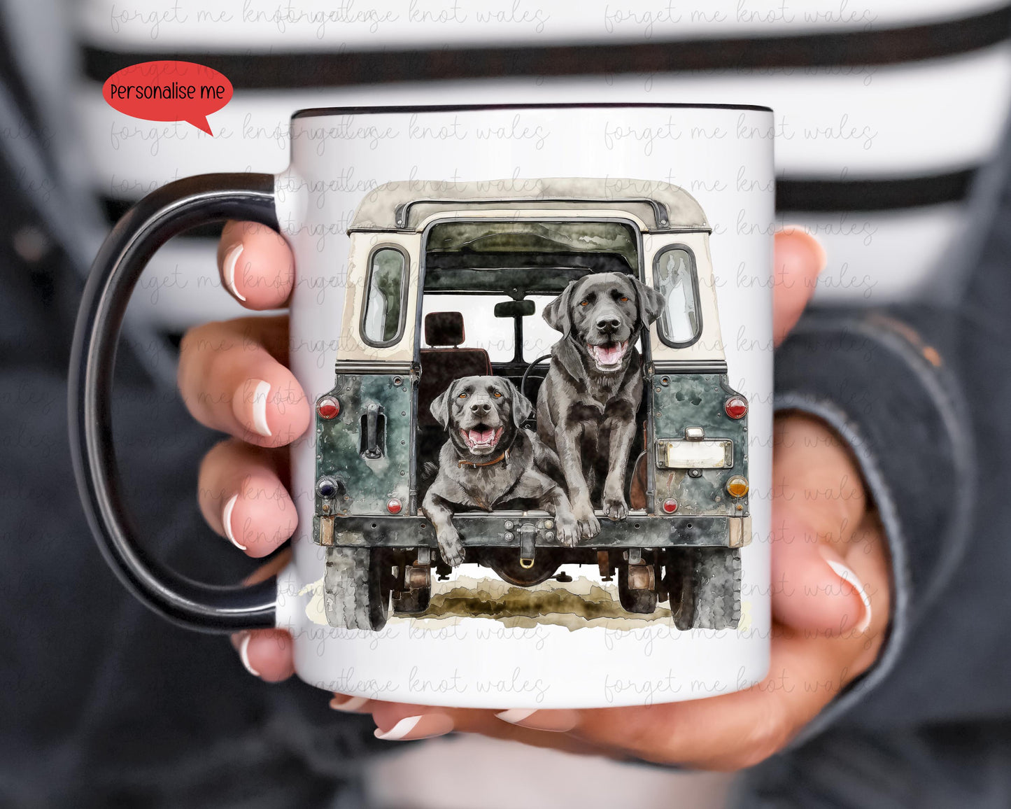 Personalised Black Lab Land Rover Mug Gift, Border Collie, Cocker Spaniel, Rottweiler, Black Labrador, Border Terrier, Doberman, Red Lab