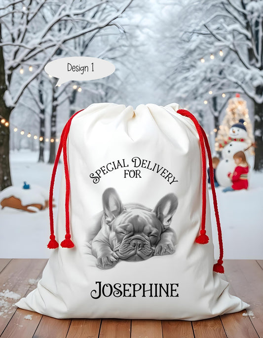 Dog Santa Sack, Christmas Present Sack, Personalised Stocking, Father Christmas Sack, Santa Present Sack, Frenchie Dog Xmas Present Sack