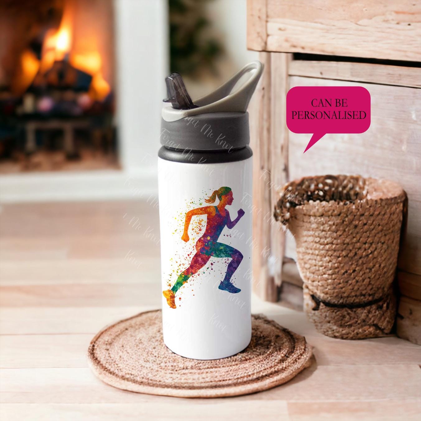 Personalised Water Bottle Colourful Abstract Running Man Design – Sports Drinks Bottle with Straw & Handle – Custom Name