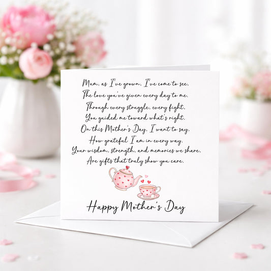 Mother’s Day Card With Poem • Mum Mother’s Day Card • From Daughter Son • Floral Teapot Card • Tea Cup Card • Happy Mother’s Day Mum