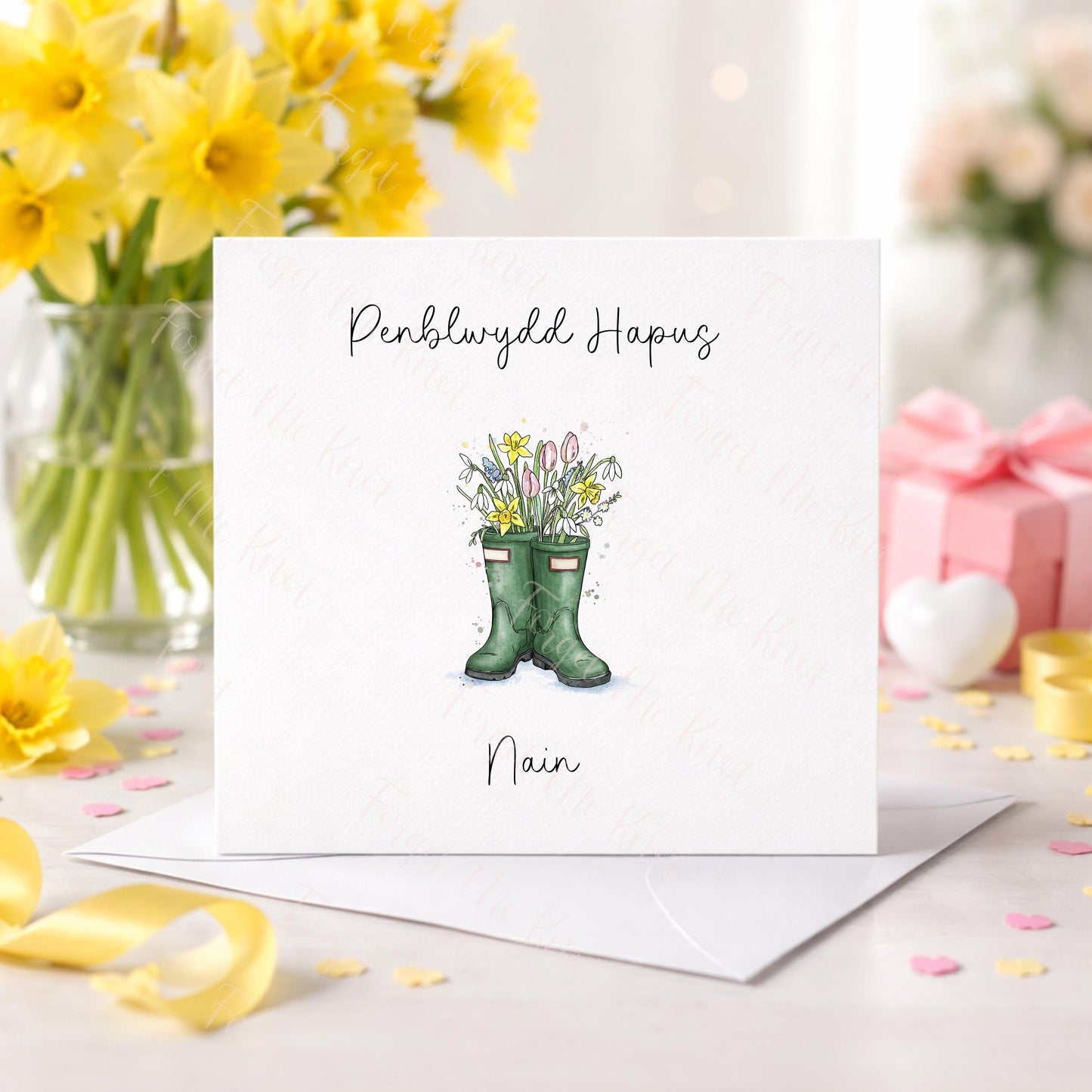 Welsh Birthday Card for Mam Nain – Cerdyn Penblwydd Cymraeg – Welly Boot Spring Flowers Card – Personalised Birthday Card Wales