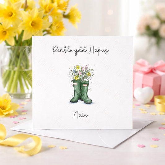 Welsh Birthday Card for Mam Nain – Cerdyn Penblwydd Cymraeg – Welly Boot Spring Flowers Card – Personalised Birthday Card Wales