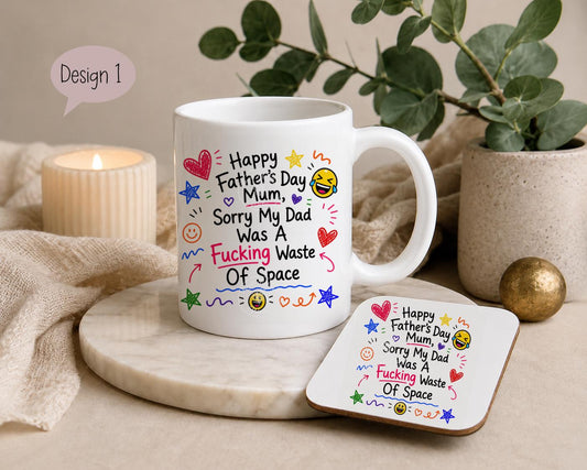 Funny Father’s Day Mug & Coaster for Mum | Mum Doing Both Parents Gift | Choice of 9 Funny Designs | Cheeky Novelty Mug