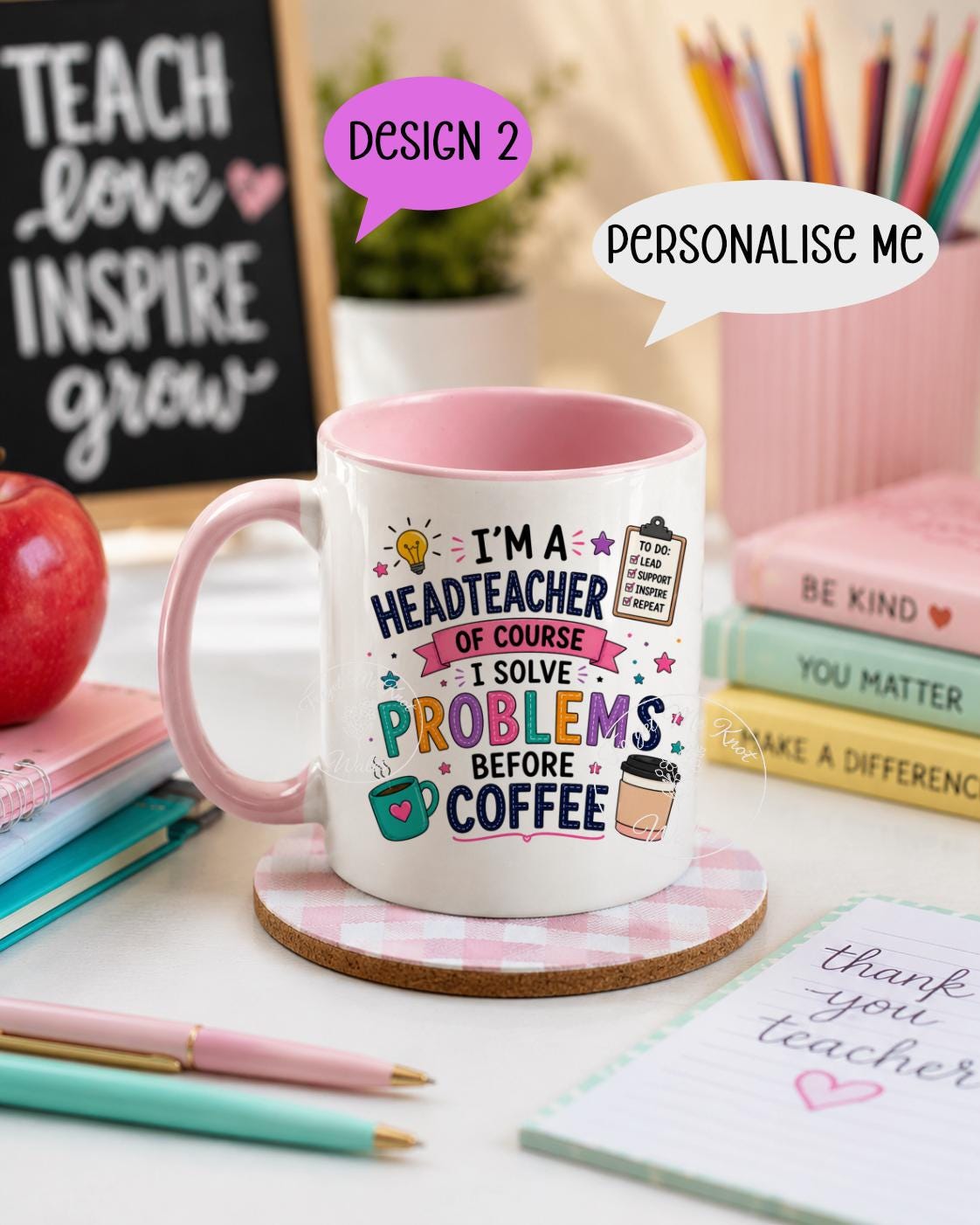 Headteacher Mug & Coaster Set | Personalised Thank You Gift | Choose Design | Choose Mug Colour
