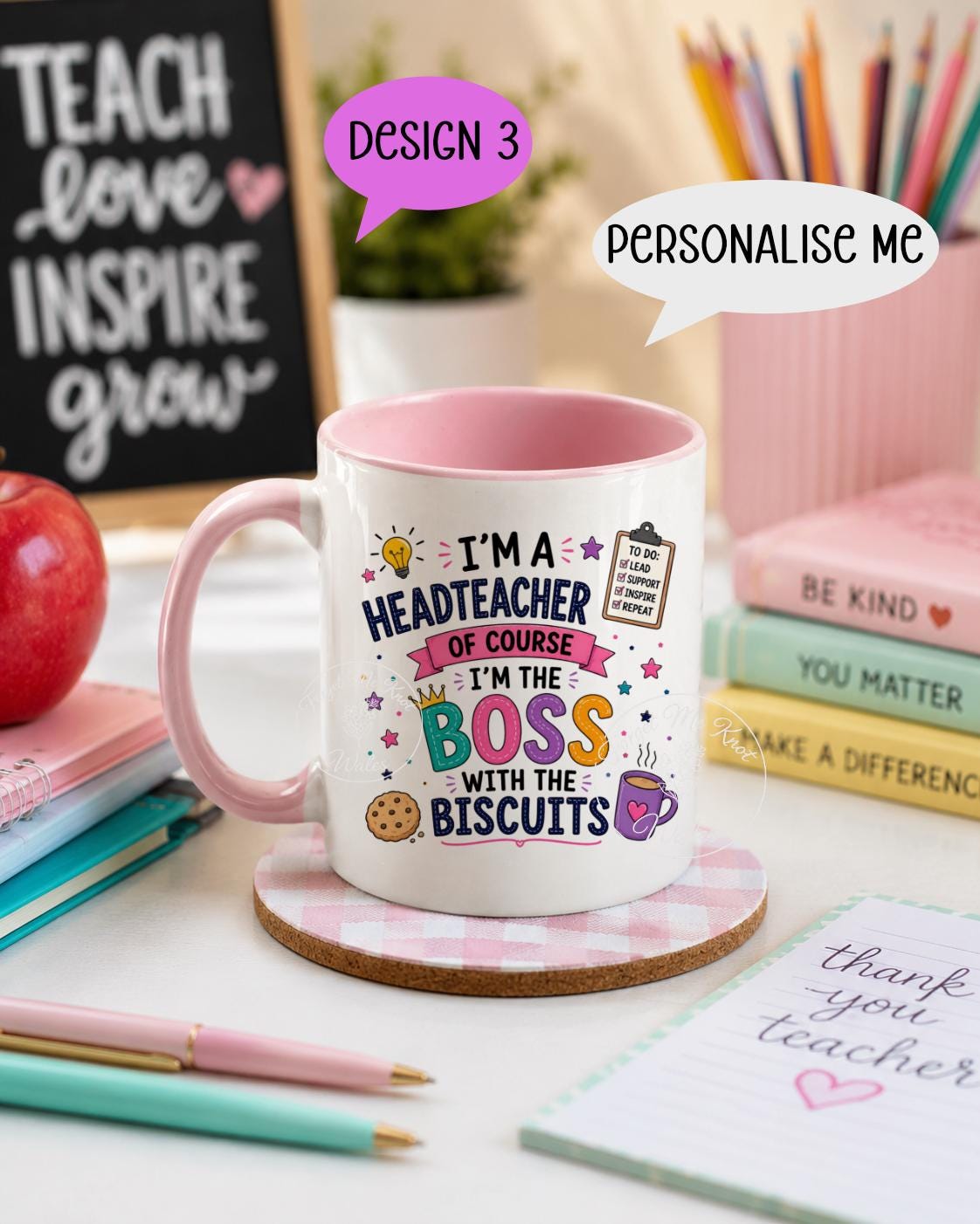 Headteacher Mug & Coaster Set | Personalised Thank You Gift | Choose Design | Choose Mug Colour