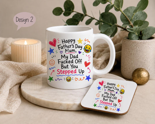 Funny Father’s Day Mug & Coaster for Mum | Mum Doing Both Parents Gift | Choice of 9 Funny Designs | Cheeky Novelty Mug