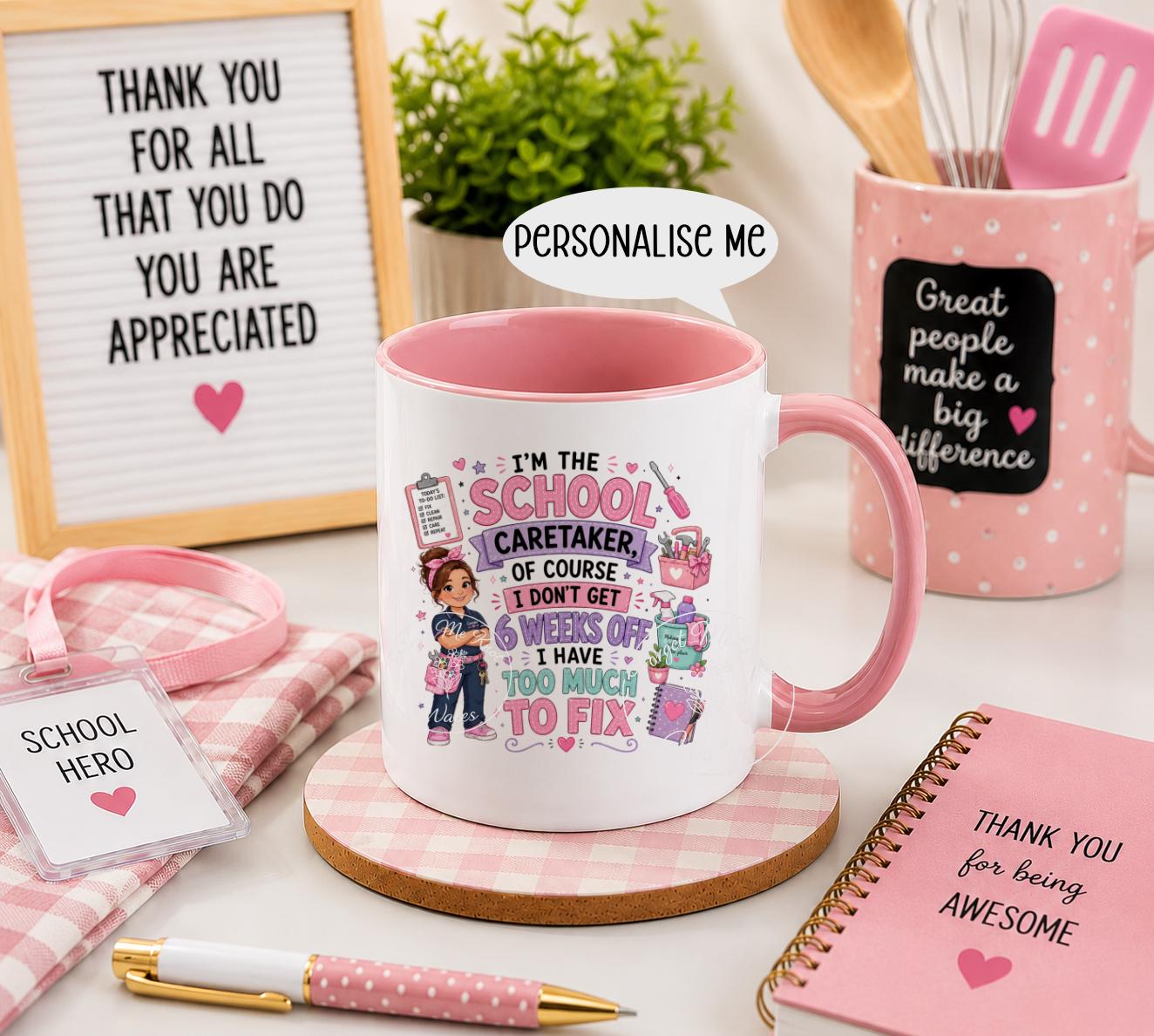 School Caretaker Mug & Coaster Set | Personalised Thank You Gift | Male or Female Design | School Hero Gift