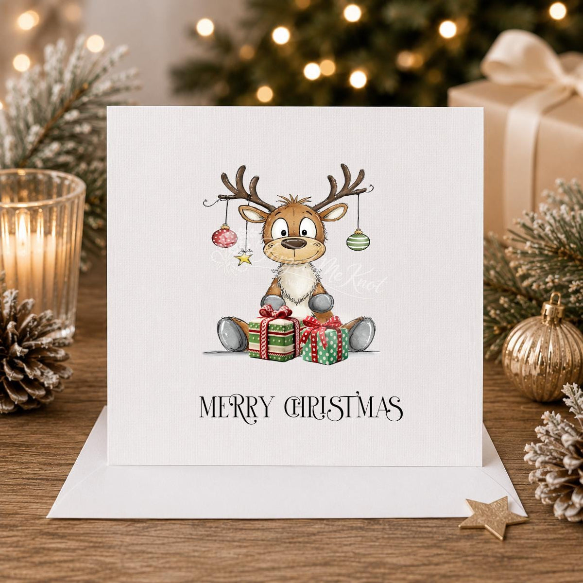 Reindeer Christmas Card | Cute Xmas Card with Presents | Festive Christmas Greeting Card