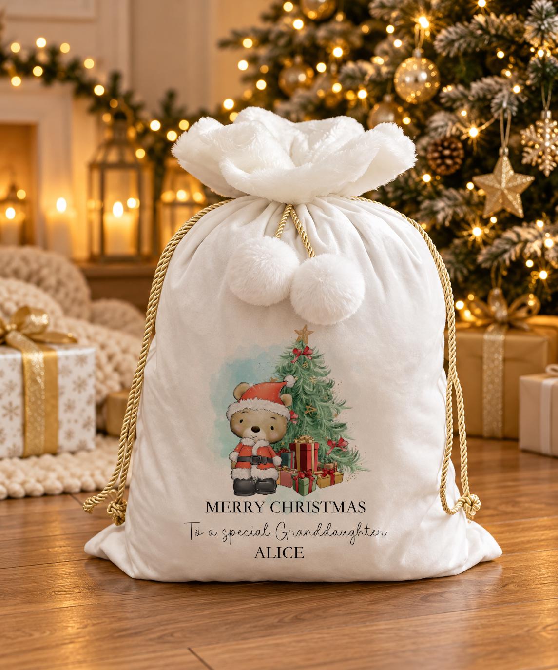 Personalised Christmas Present Sack, Velvet Santa Sack, Christmas Gift Sack for Children, Grandson and Great-Granddaughter Gift Bag