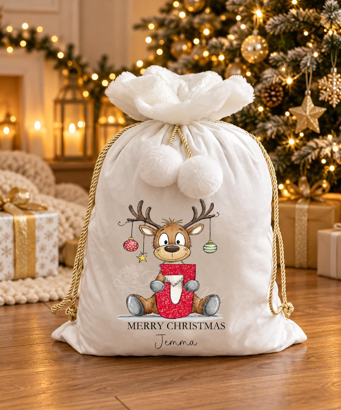 Personalised Christmas Reindeer Present Sack, Xmas Gift Sack for Children, Grandchildren & Great-Grandchildren Gift Bag, Large Xmas Sack