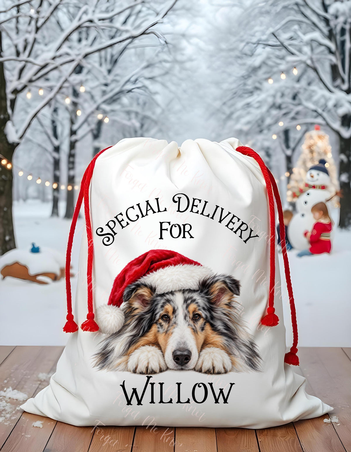 Blue Merle Rough Collie Christmas Sack, Personalised Dog Stocking, Dog Christmas Eve Sack