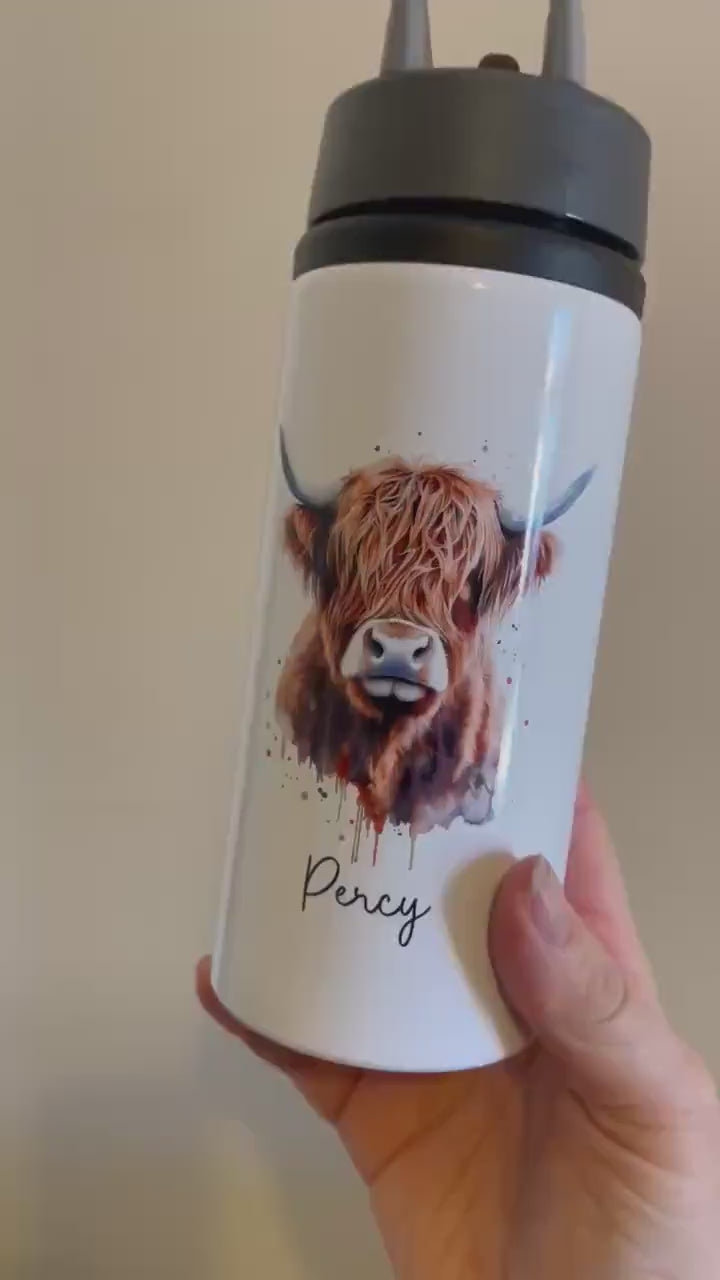 Highland Cow Water Bottle, Drinks Bottle With Highland Cow Design. Water Bottle With Straw
