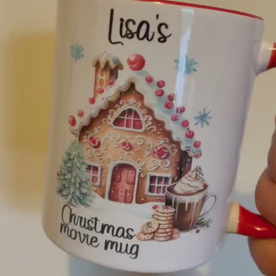 Christmas Movie Mug, Personalised Mug For Christmas, Gingerbread House And Ginger Bread Man Christmas Movie Mug, Hot Chocolate Mug