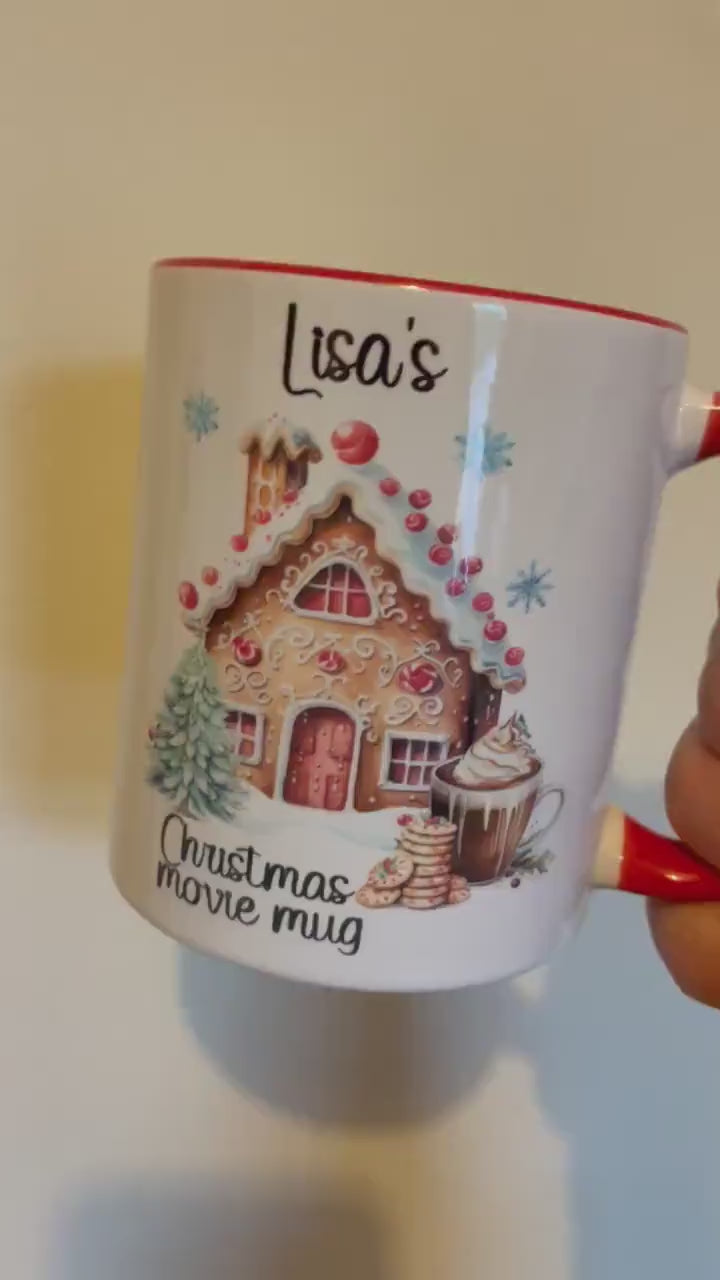 Christmas Movie Mug, Personalised Mug For Christmas, Gingerbread House And Ginger Bread Man Christmas Movie Mug, Hot Chocolate Mug