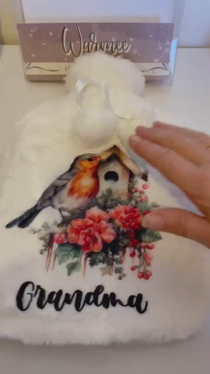 Robin Christmas Gift For Nannie, Hot Water Bottle, Fluffy Hot Water Bottle, Personalised Hot Water Bottle, Nanna, Grandma, Mum Gift